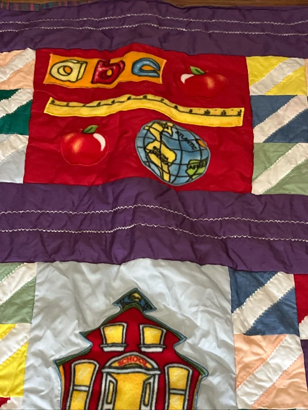 Vintage Schoolhouse Handmade Patchwork Quilt Purple Pastel Colorful 52”x41”